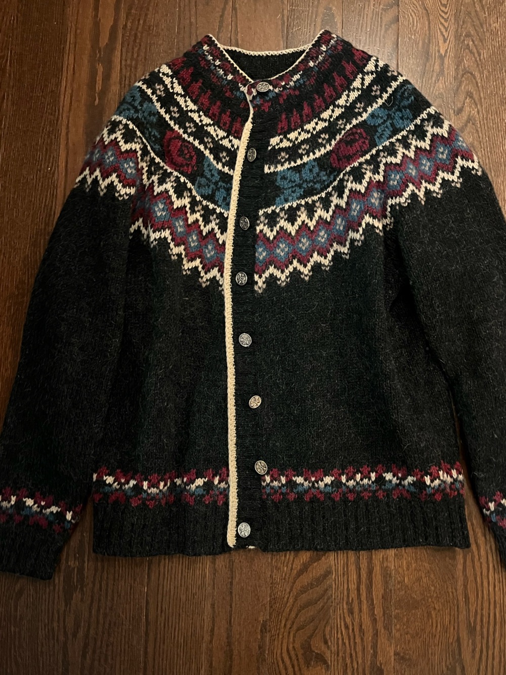 Woolrich Black and Red Fair Isle Wool Cardigan